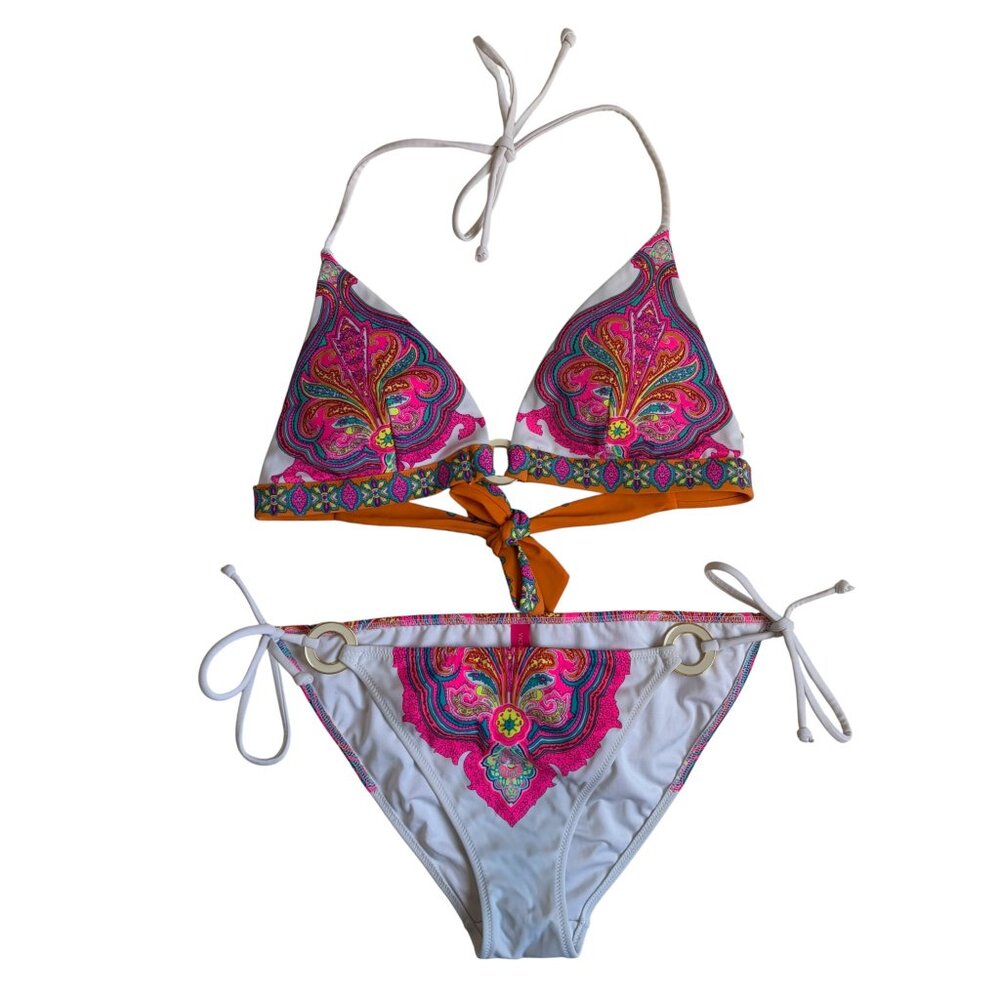 Victoria’s Secret Paisley Halter Bikini (White with Pink & Orange Paisley) - M